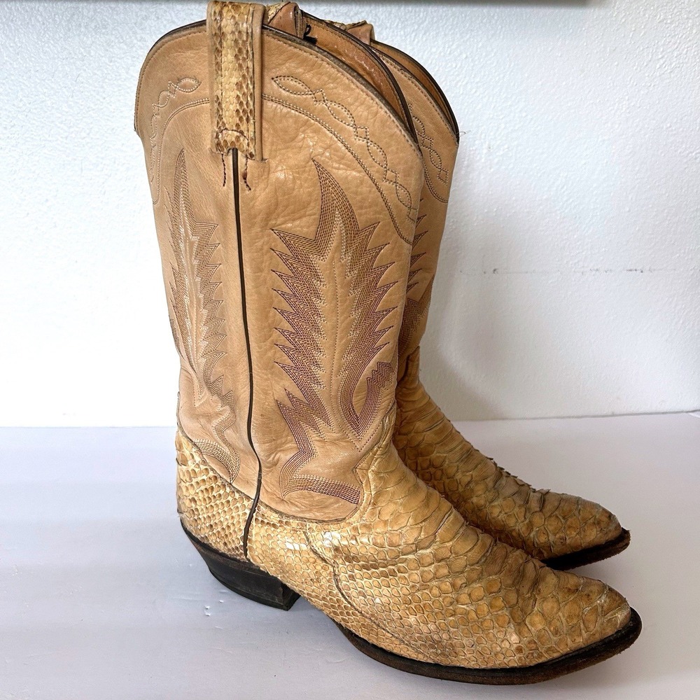 Tony Lama Snakeskin Cowboy Boots Mens 9.5 D Tan Good Exotic Leather Western 8721